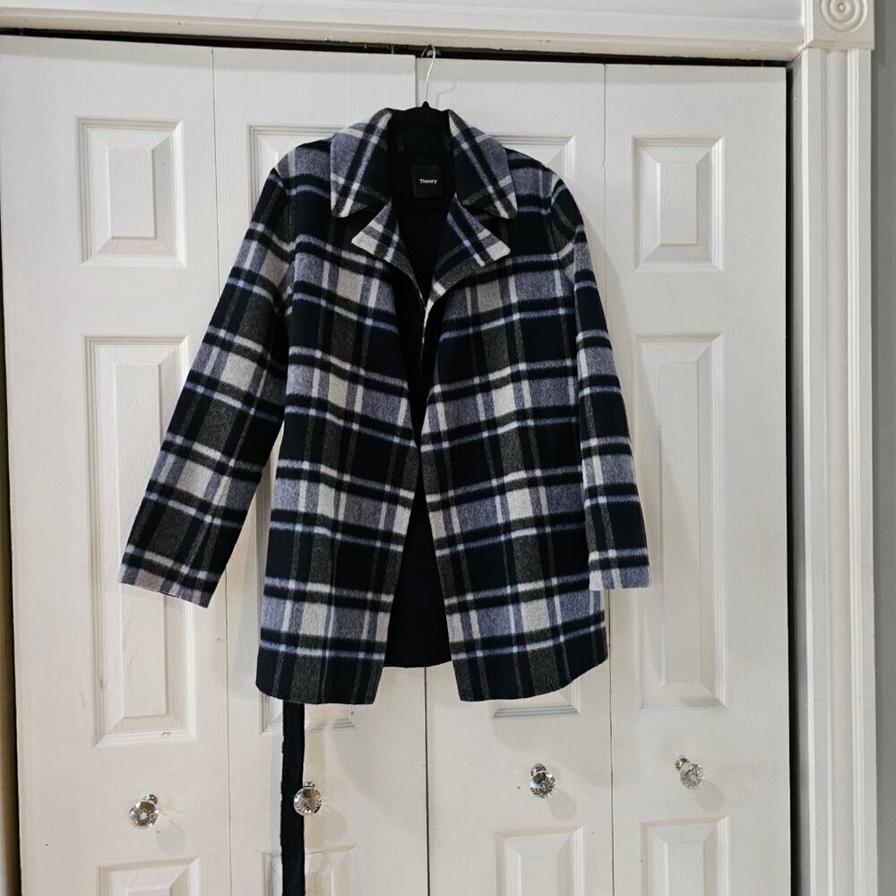 NWT Theory Women's Plaid Wool Alpaca Belted Wrap Overlay Coat Size Medium - Picture 7 of 14